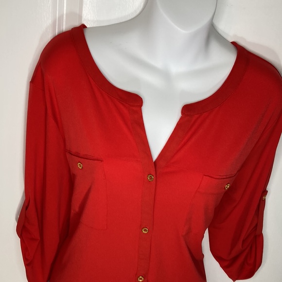 Ellen Tracy red top pockets button down front size L gold hardware - Picture 6 of 13